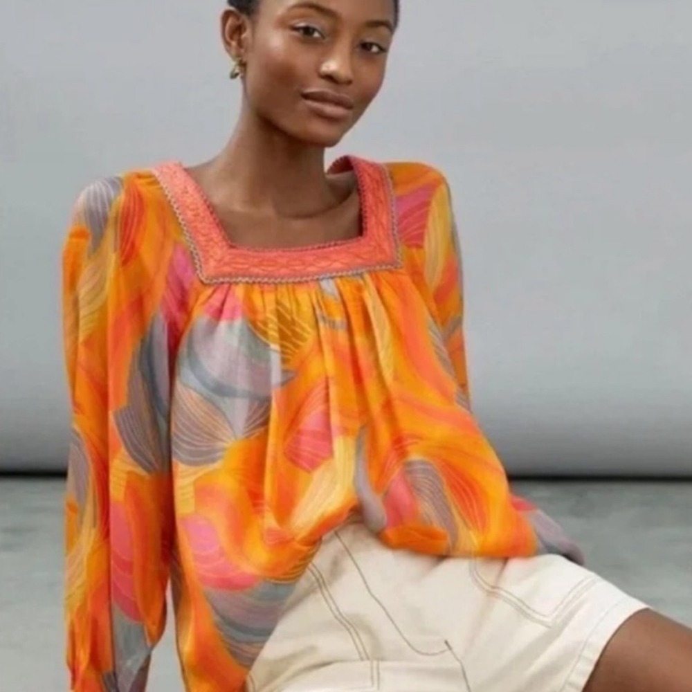Anthropologie Bl-nk London Tessa Blouse Orange Abstract Boho Top Floral Small